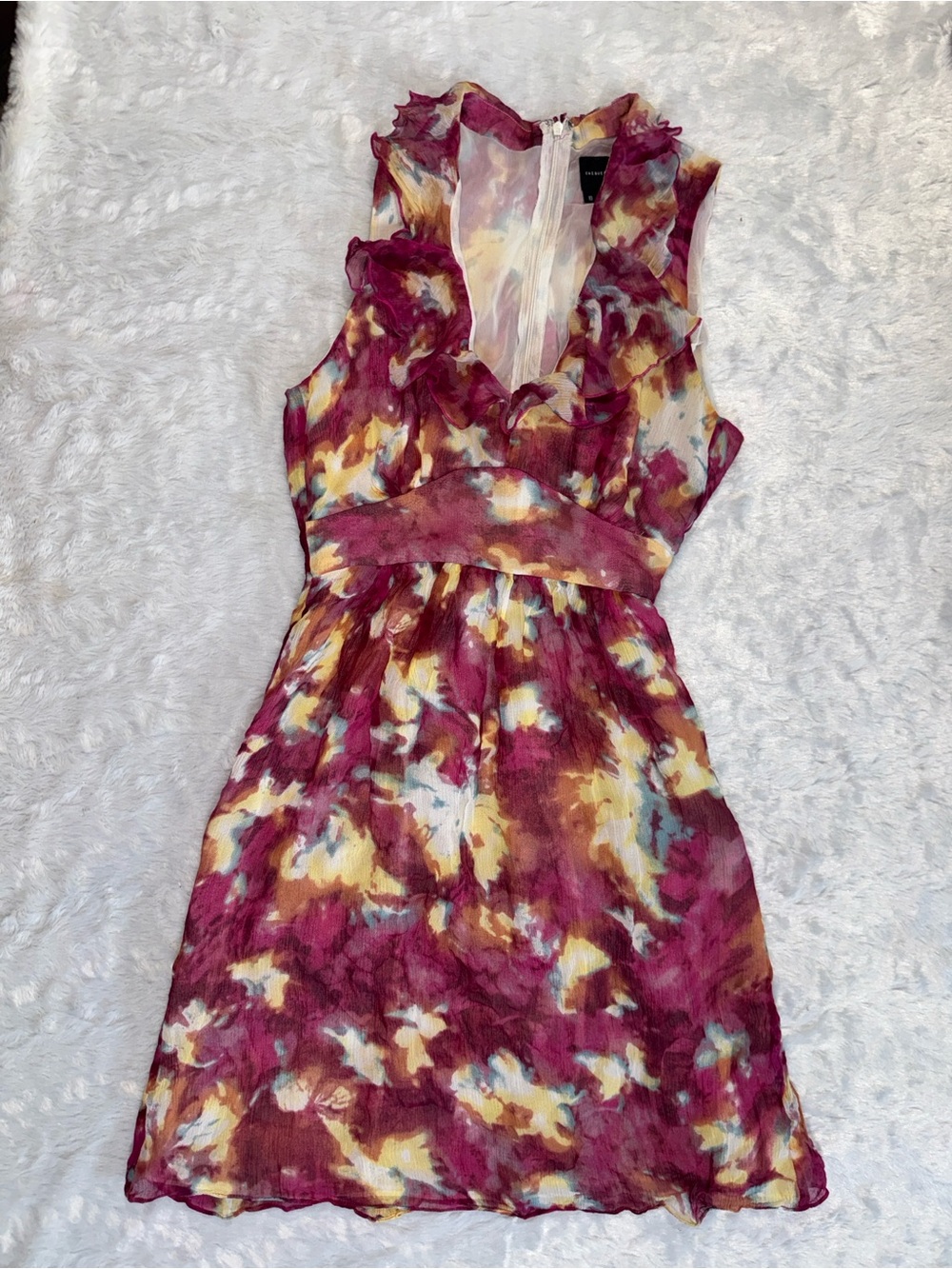 Chequer Sleeveless Silk Ruffle V-Neck Mini Dress